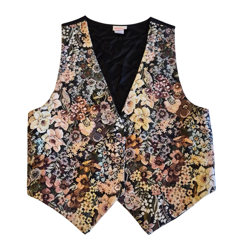 Vintage Avon Fashions Floral Tapestry Vest Medium Made in USA 88840-0583